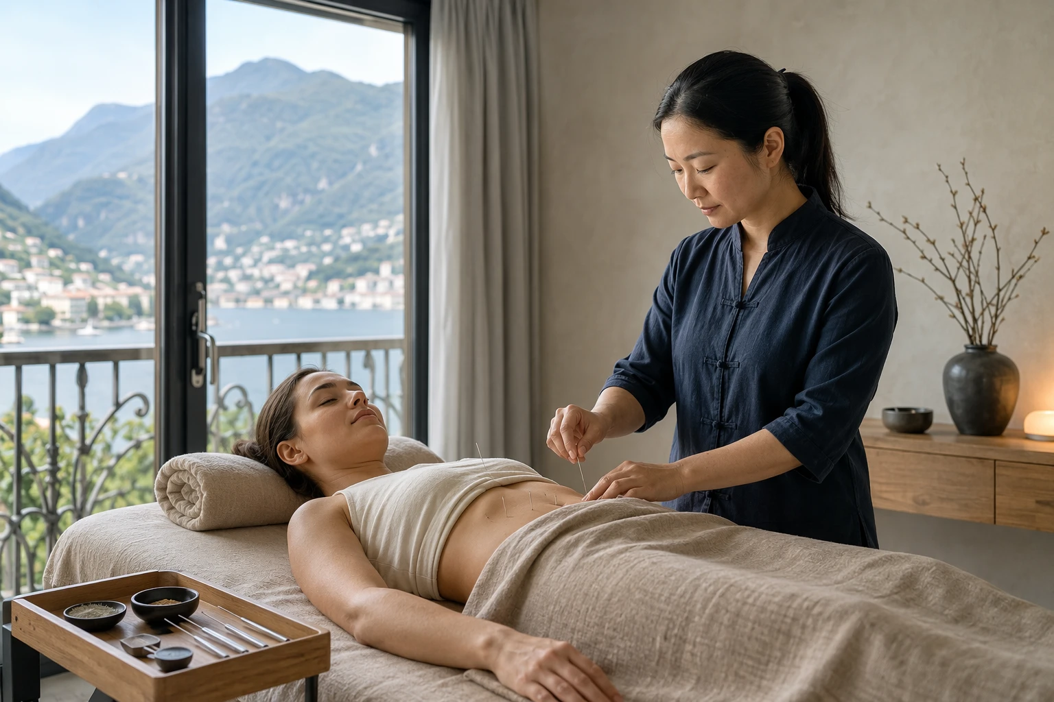 Practitioner inserting acupuncture needles in patient