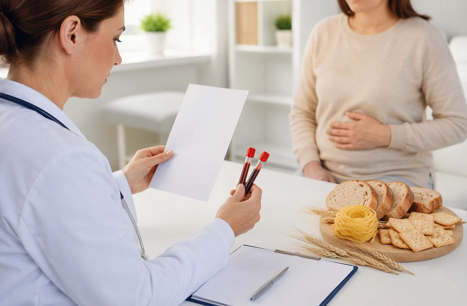 Clinician reviewing coeliac blood test beside gluten foods