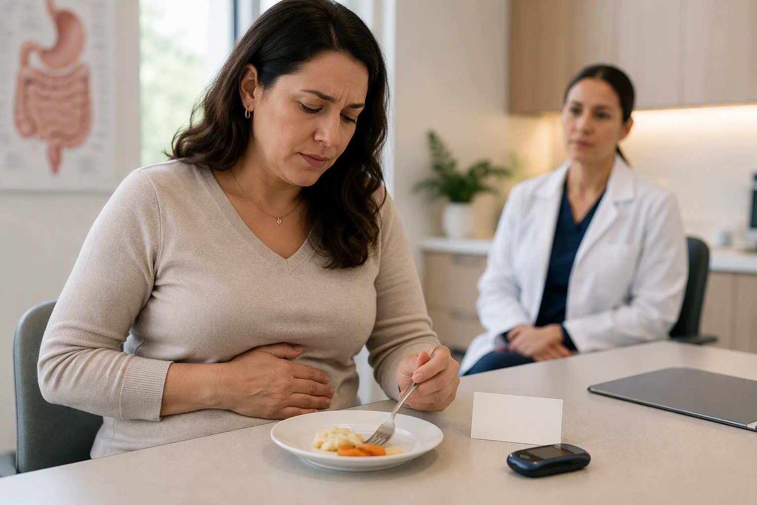 Patient holding stomach beside uneaten meal