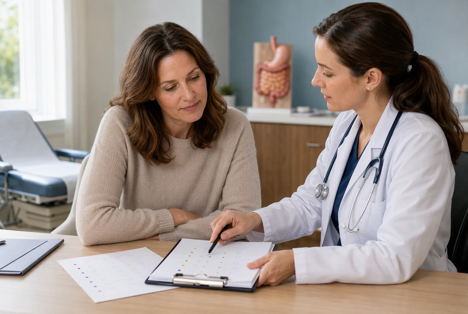 Clinician reviewing bowel diary with bloating patient