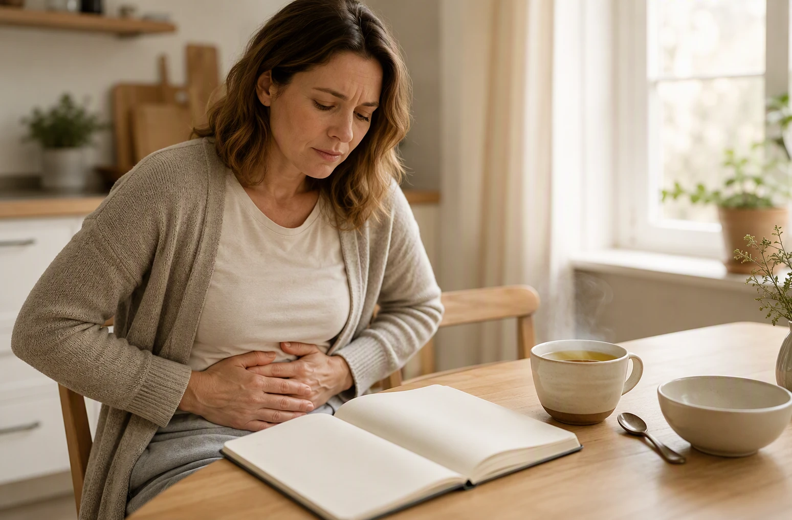 A person holding their stomach beside tea and a diary