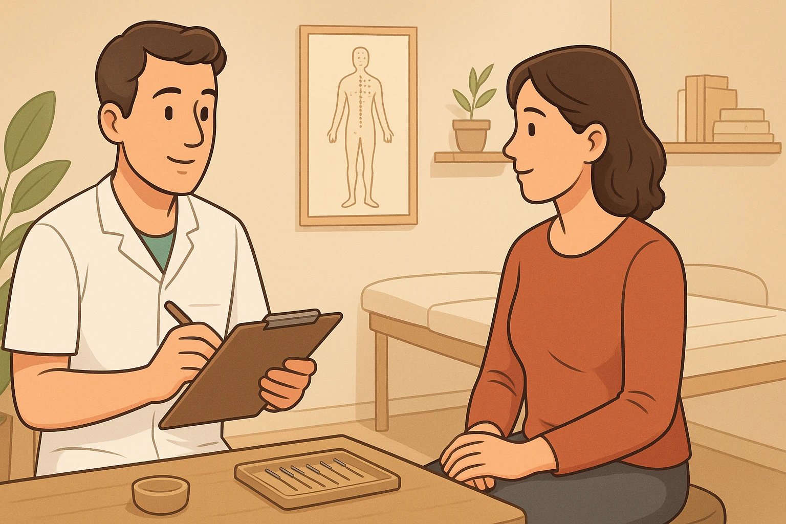 Acupuncturist reviewing patient history in clinic
