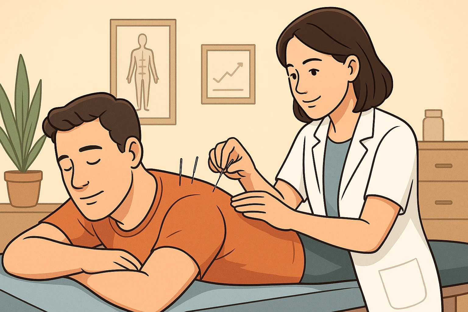 A calm adult receiving shoulder acupuncture in Milan