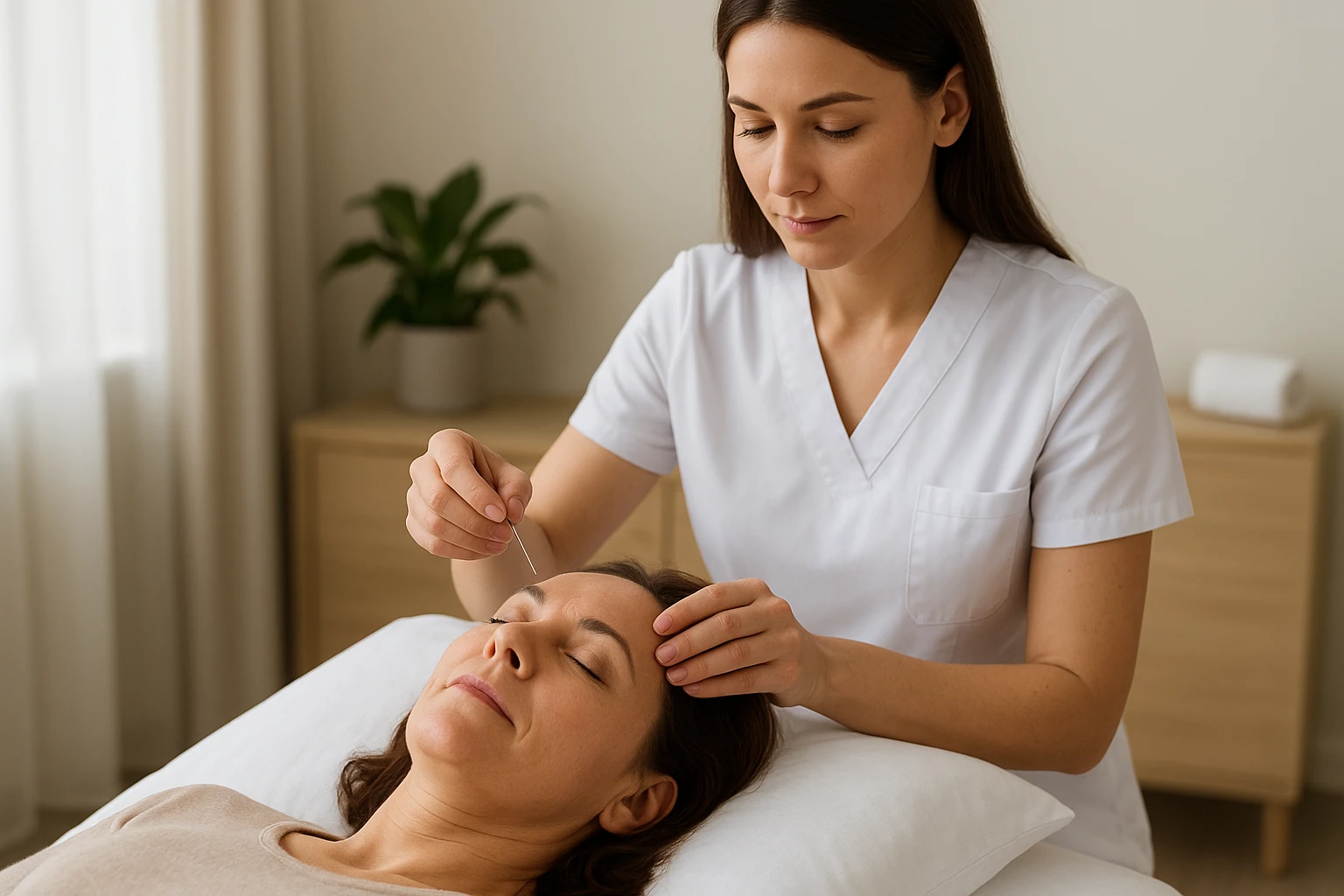 Acupuncturist placing fine needles while patient rests