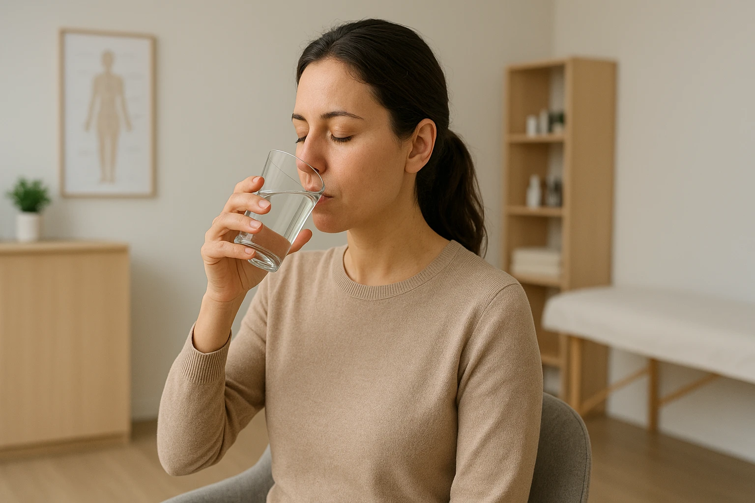 Patient drinking water after acupuncture session