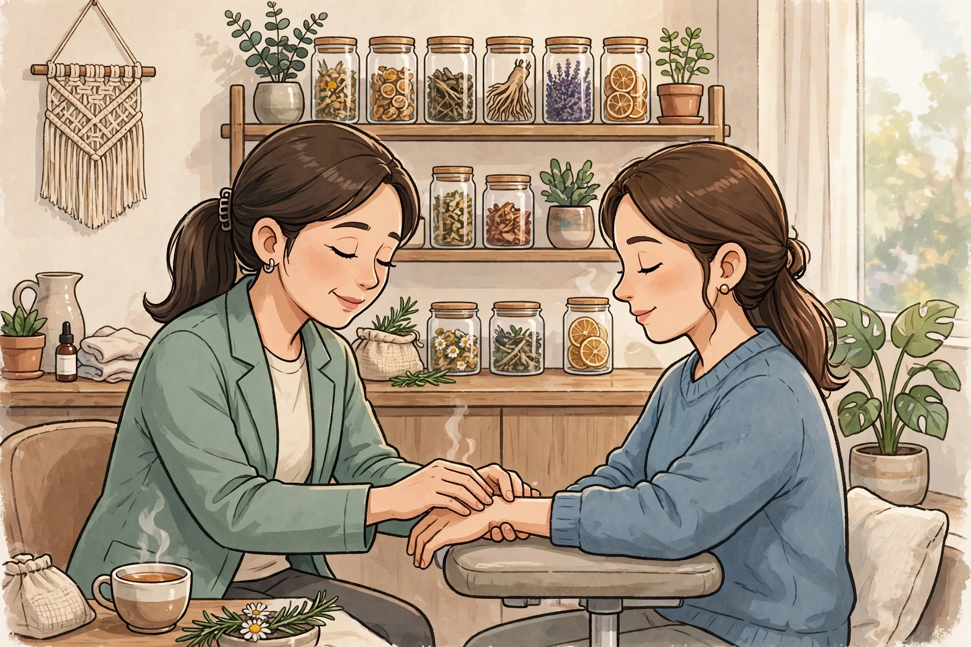 Practitioner assessing wrist pulse beside herbal jars