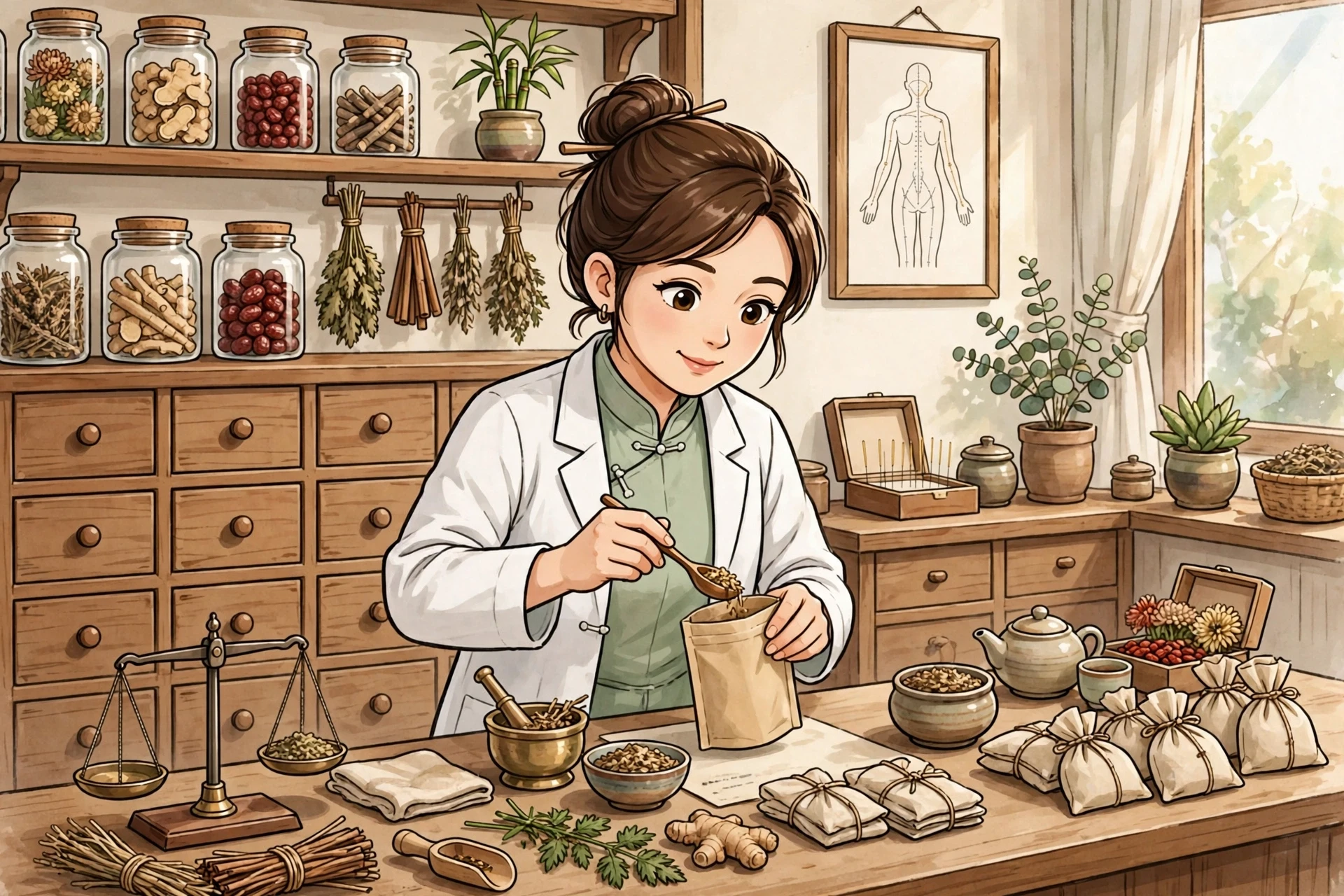 A practitioner preparing herbal prescriptions in a bright clinic apothecary