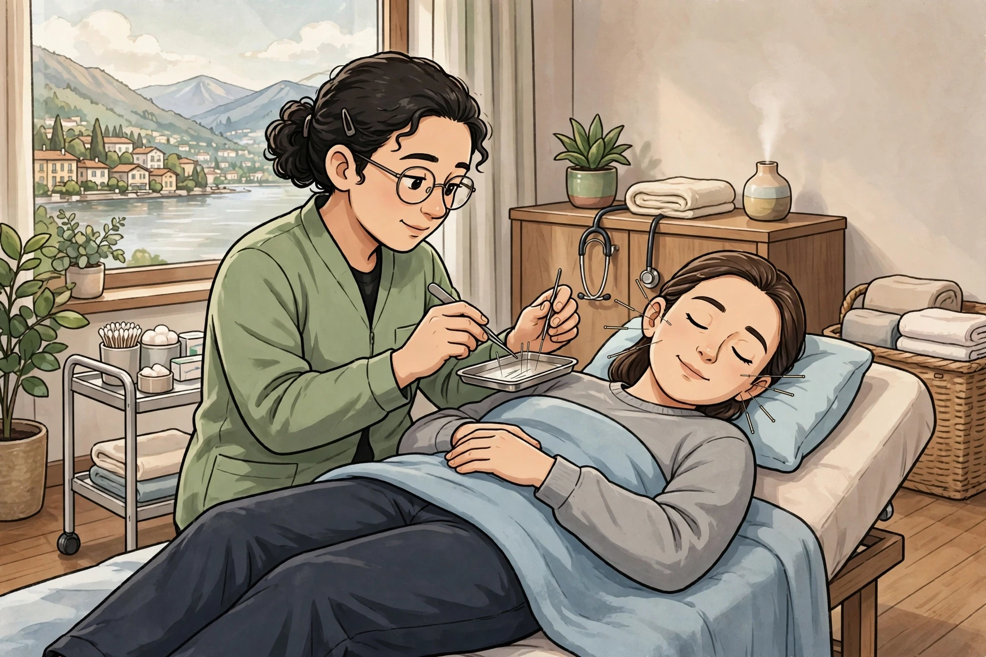 Acupuncture needles placed near patient's ear in calm clinic
