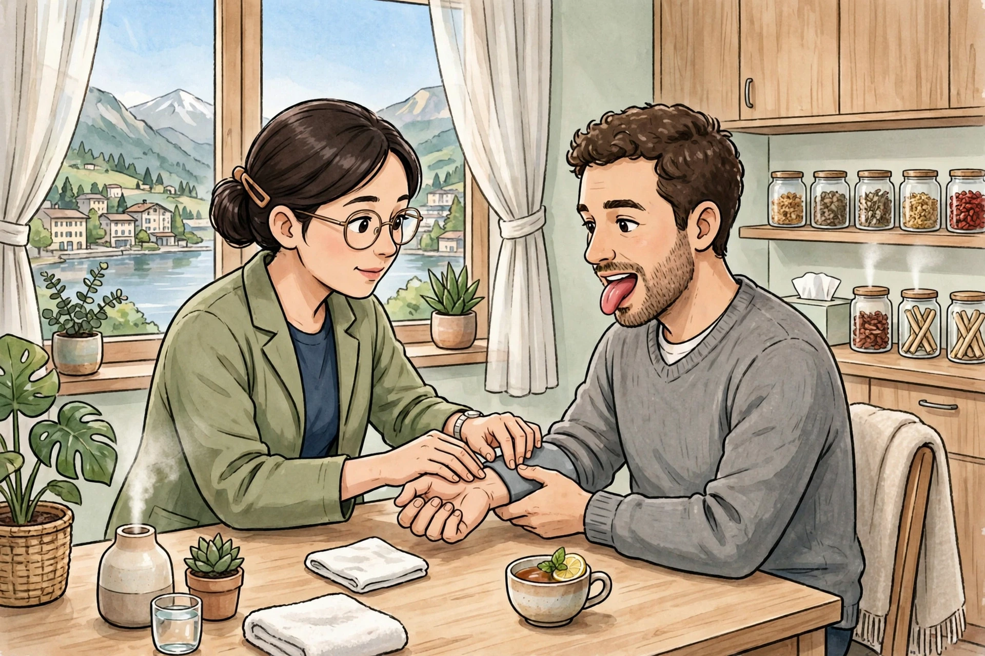 Practitioner examining tongue and wrist pulse