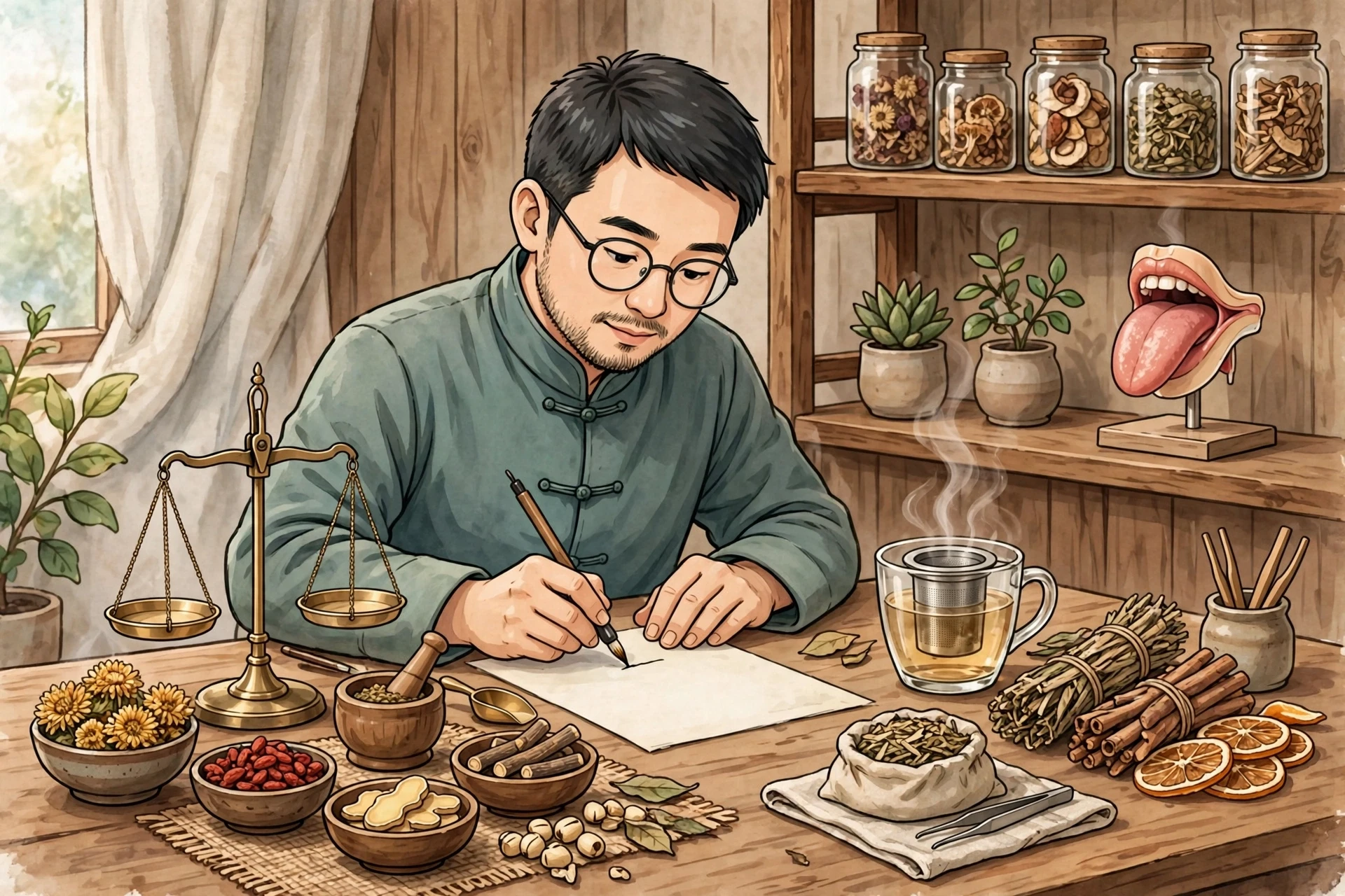 Practitioner writing individualized herbal prescription beside dried herbs