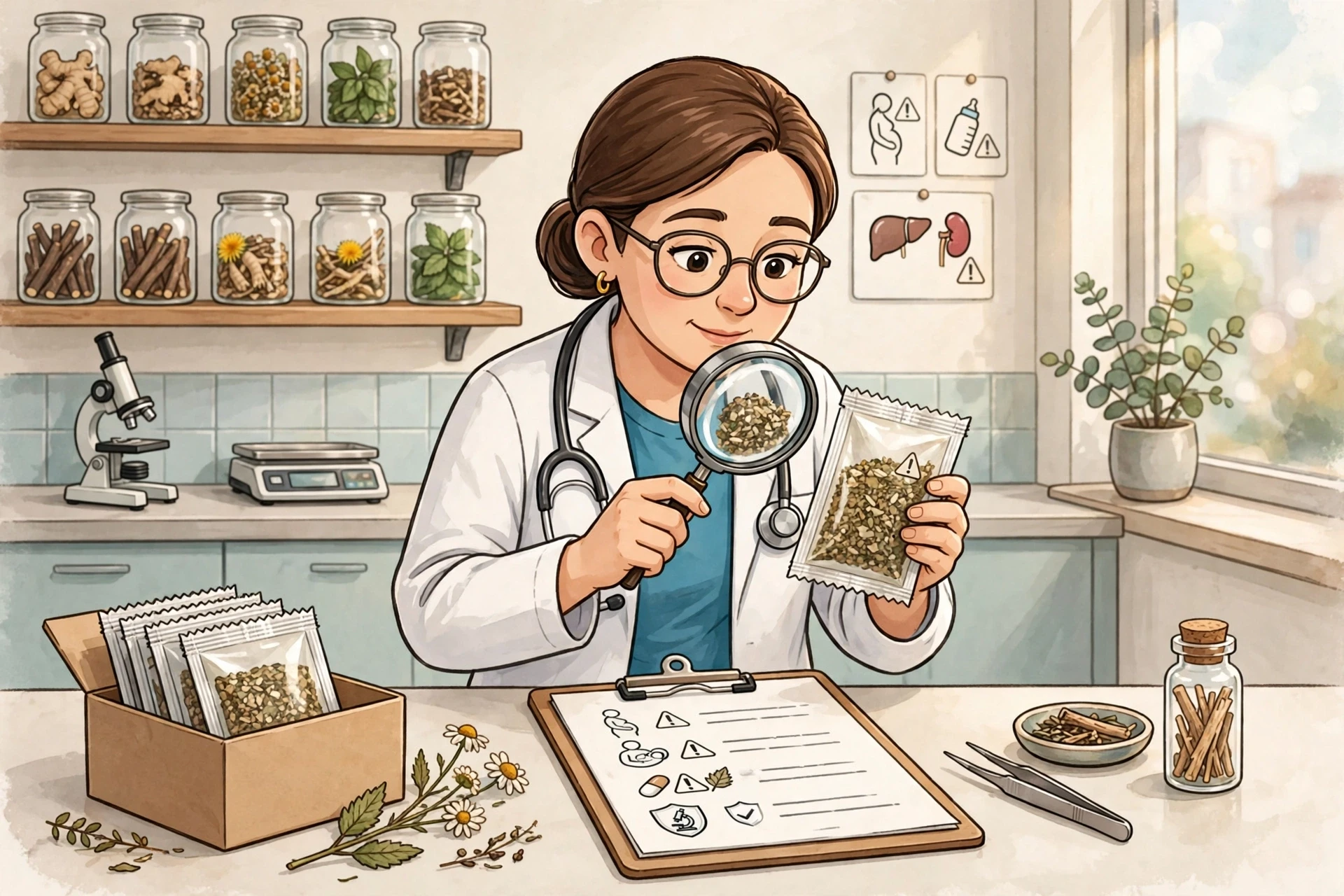 Pharmacist inspecting herbal packet against safety checklist