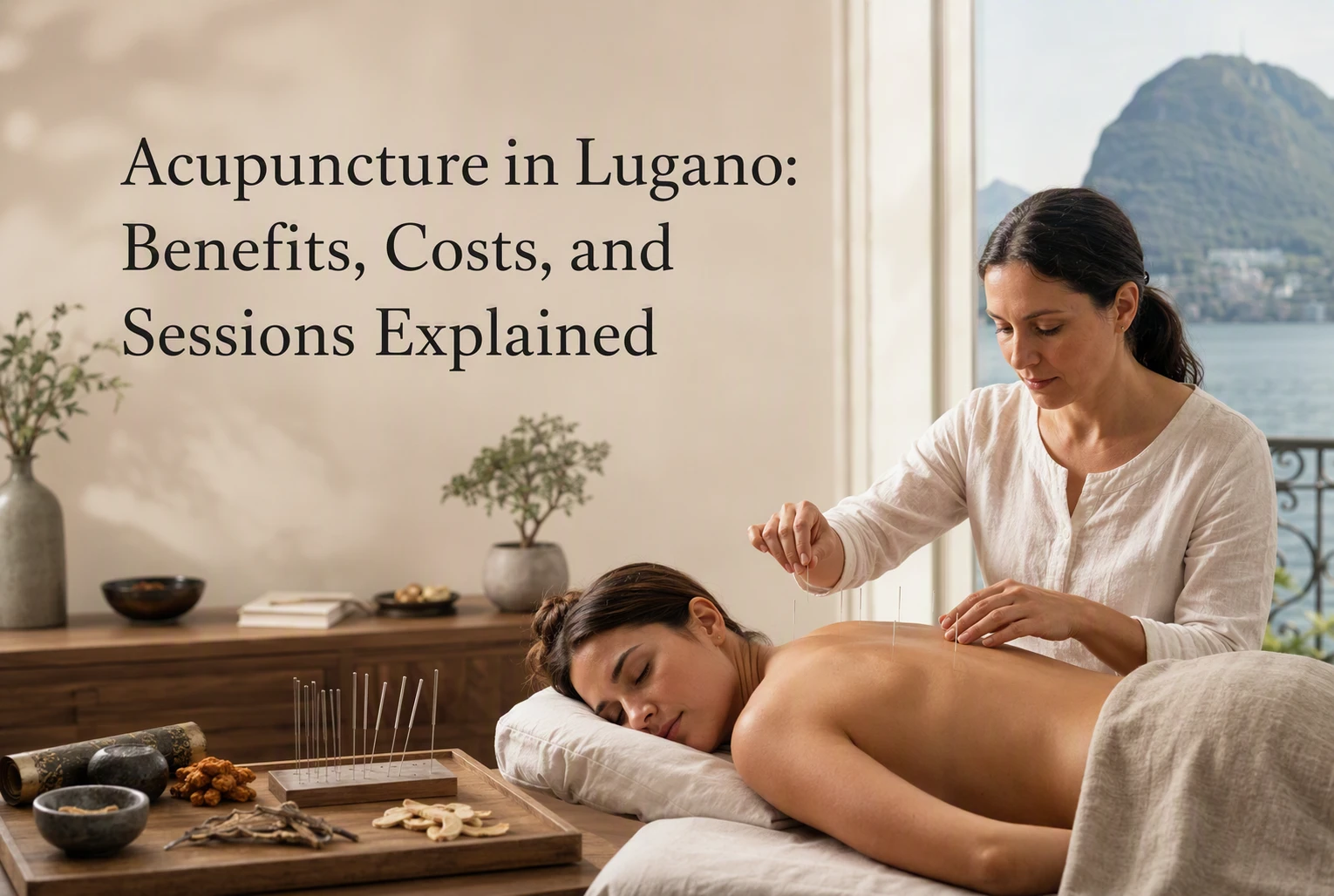 Patient relaxing on treatment table with acupuncturist preparing needles
