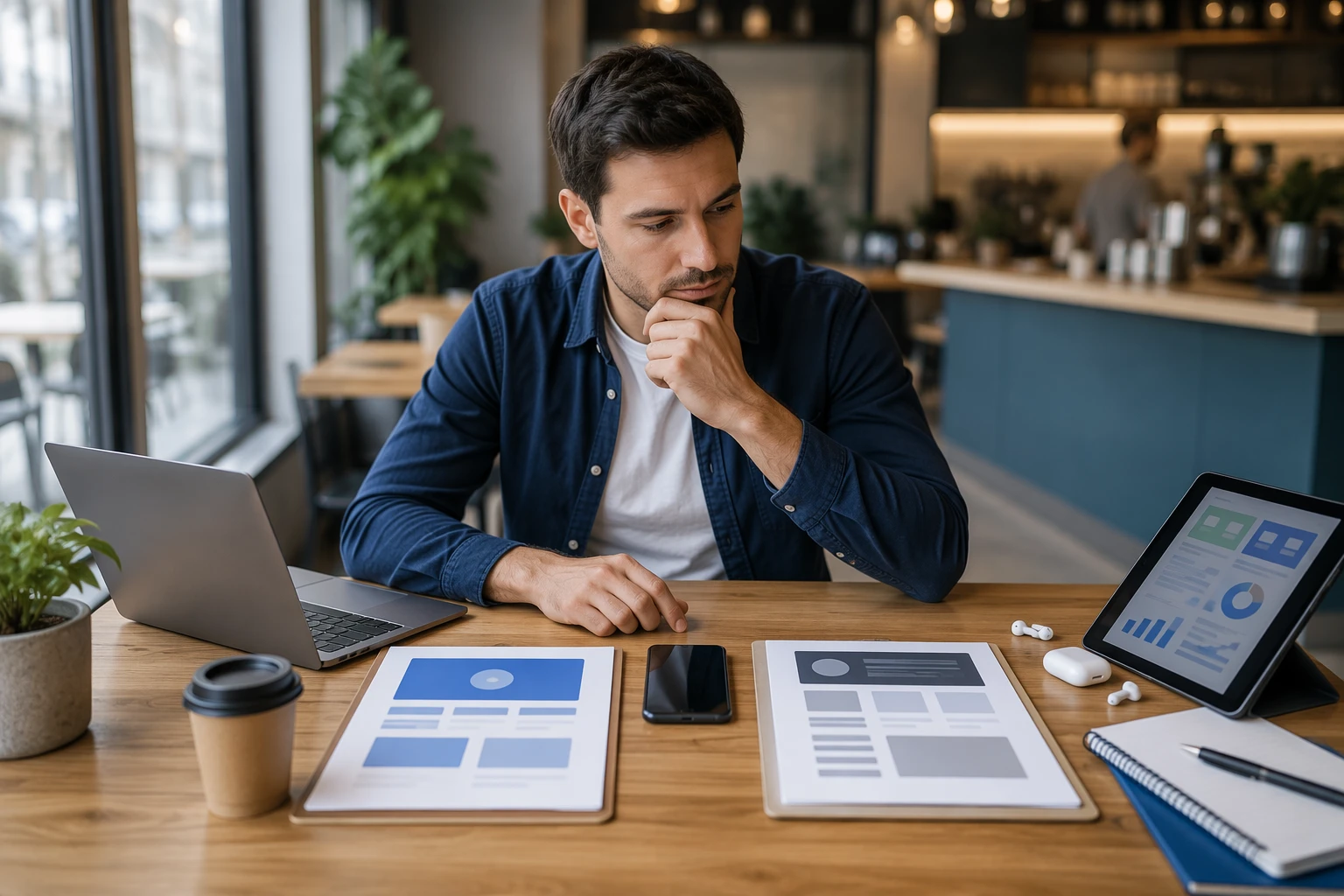 Founder comparing software purchase and invoice at cafe