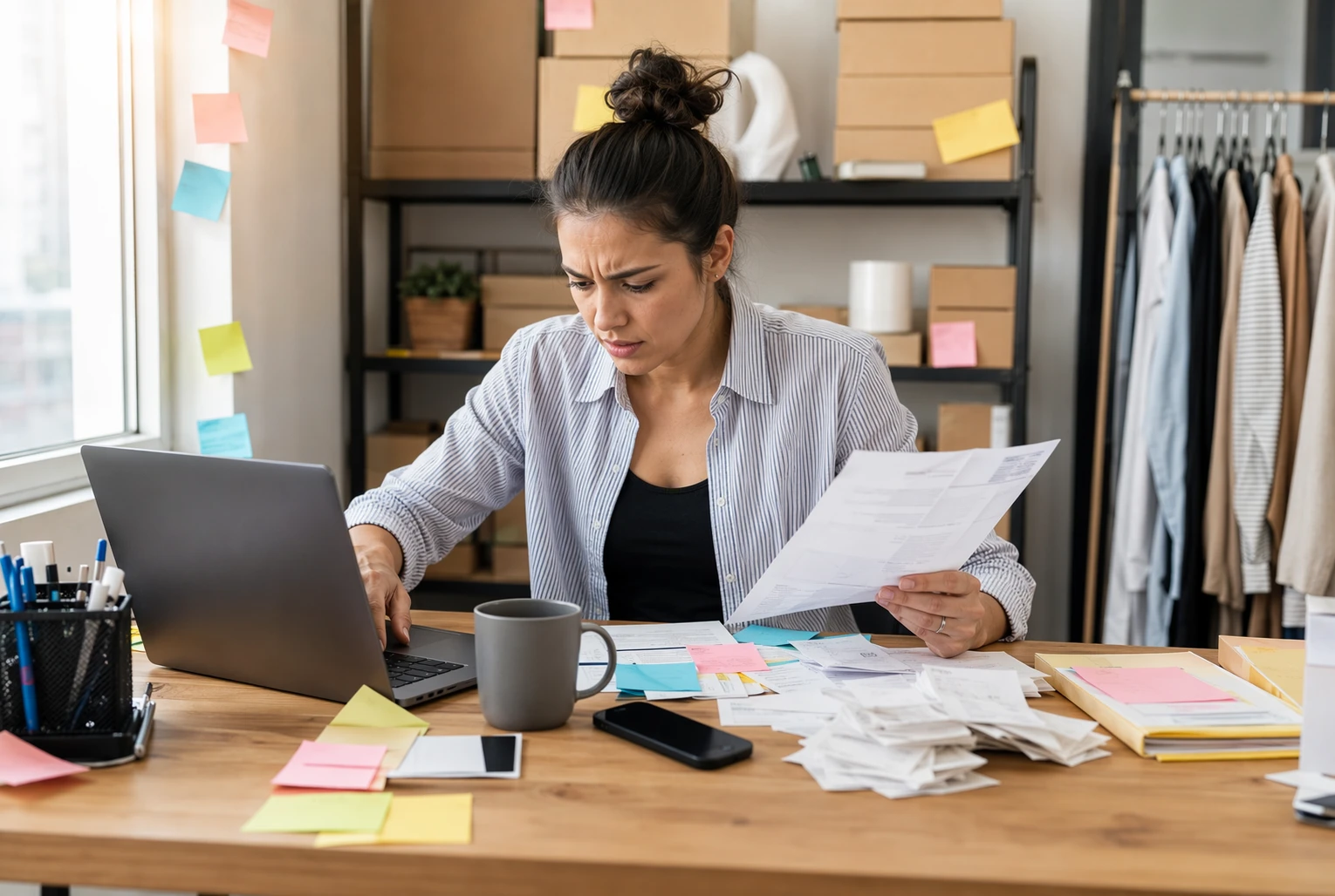 Small business owner managing invoices and notes at desk