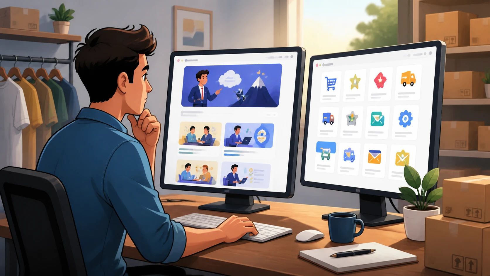 Store owner comparing SaaS course materials at desk
