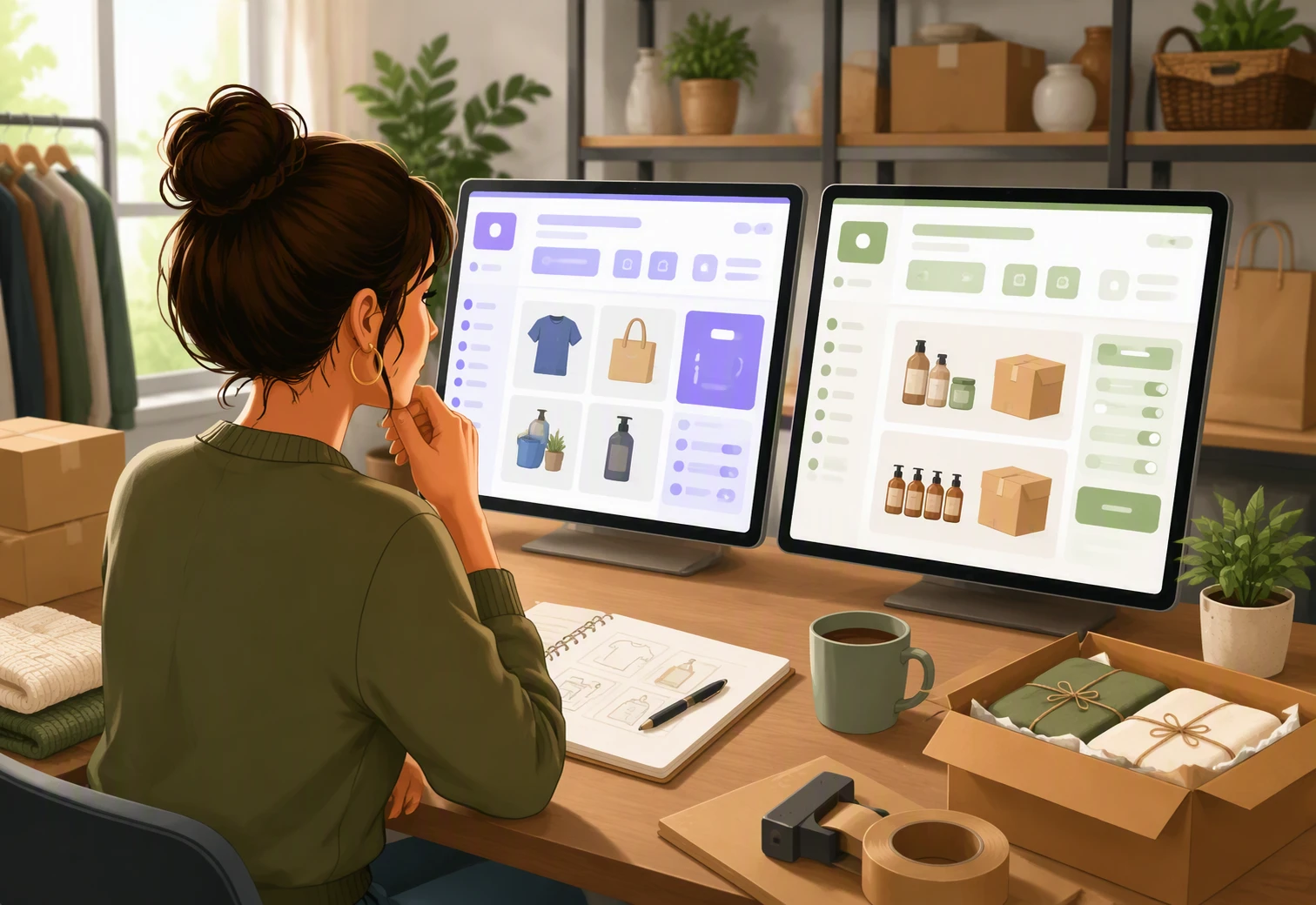 Small business owner comparing e-commerce dashboards beside product displays