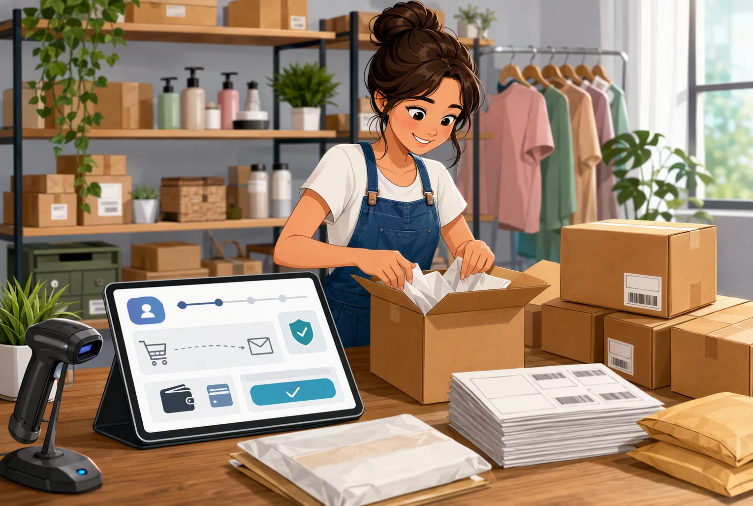 Shop owner packing orders beside checkout tablet and barcode labels