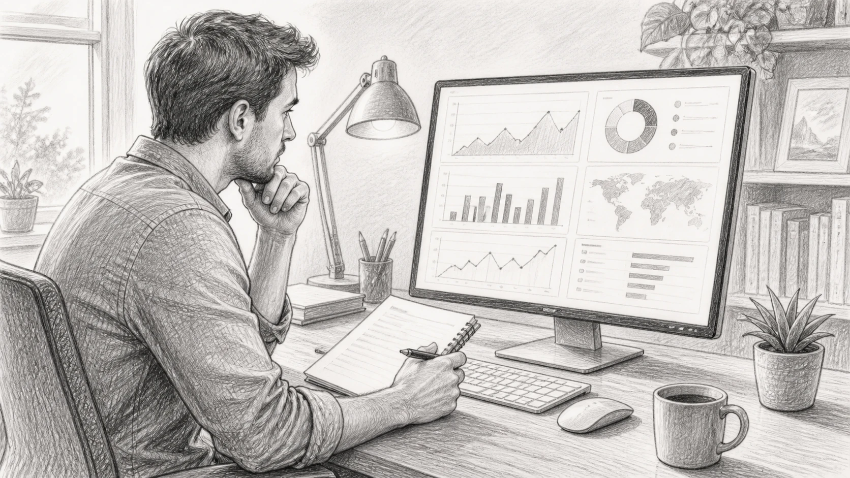 Propriétaire de petite entreprise examinant le plan SEO à côté d'un moniteur d'ordinateur