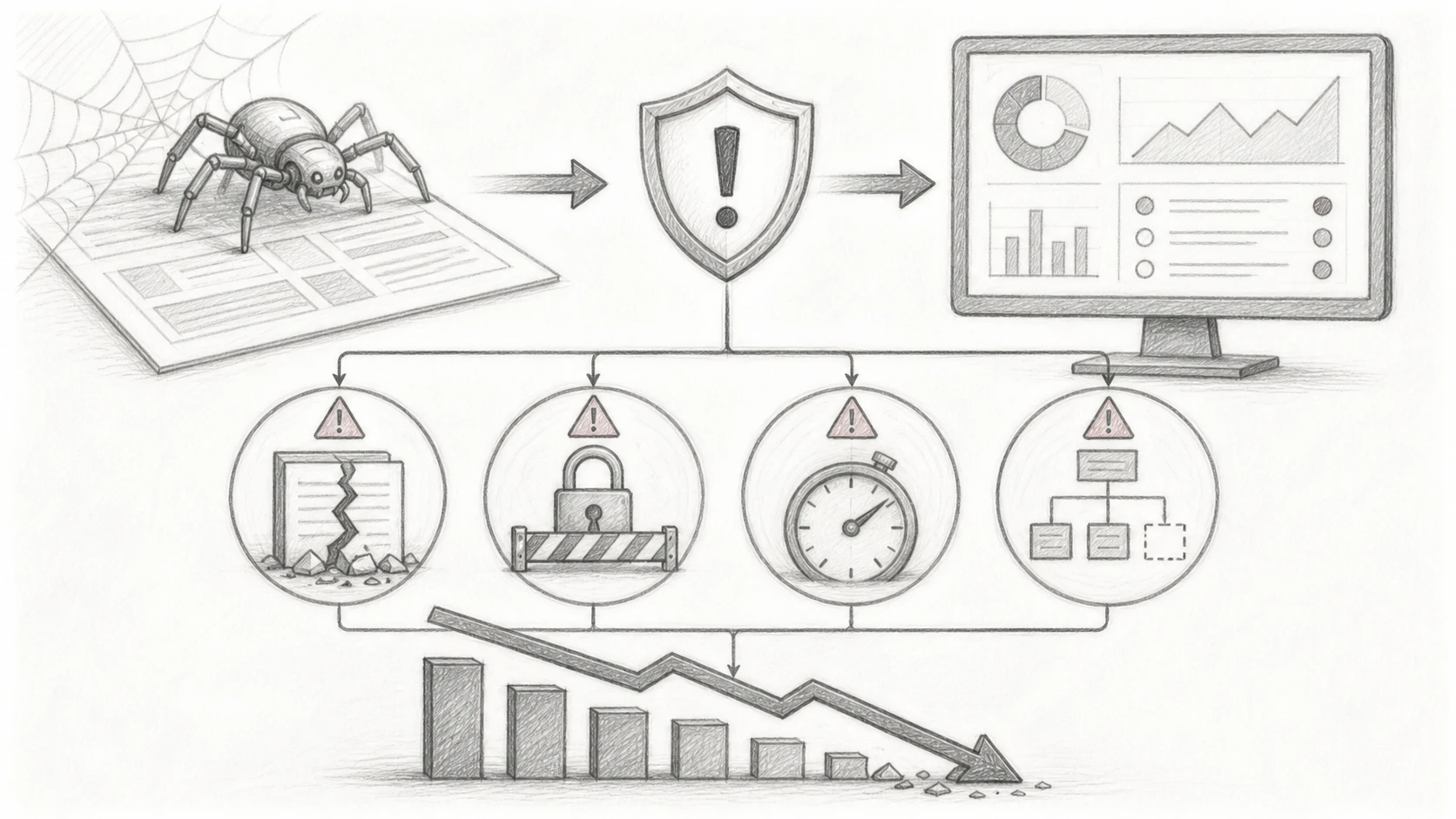 Organigramme des problèmes d'audit SEO allant de l'exploration à la perte de classement