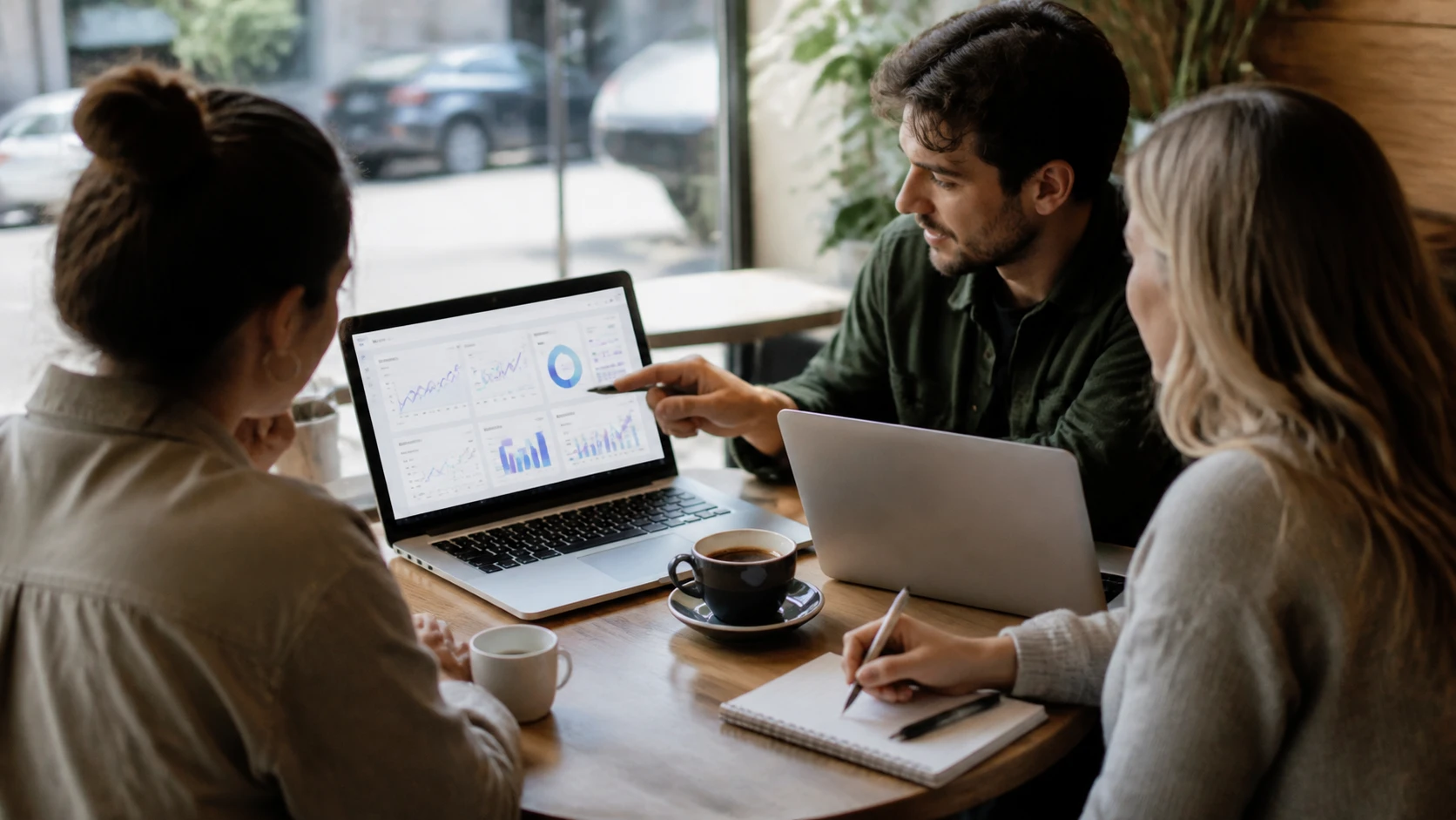 Small marketing team reviewing SEO dashboards at cafe