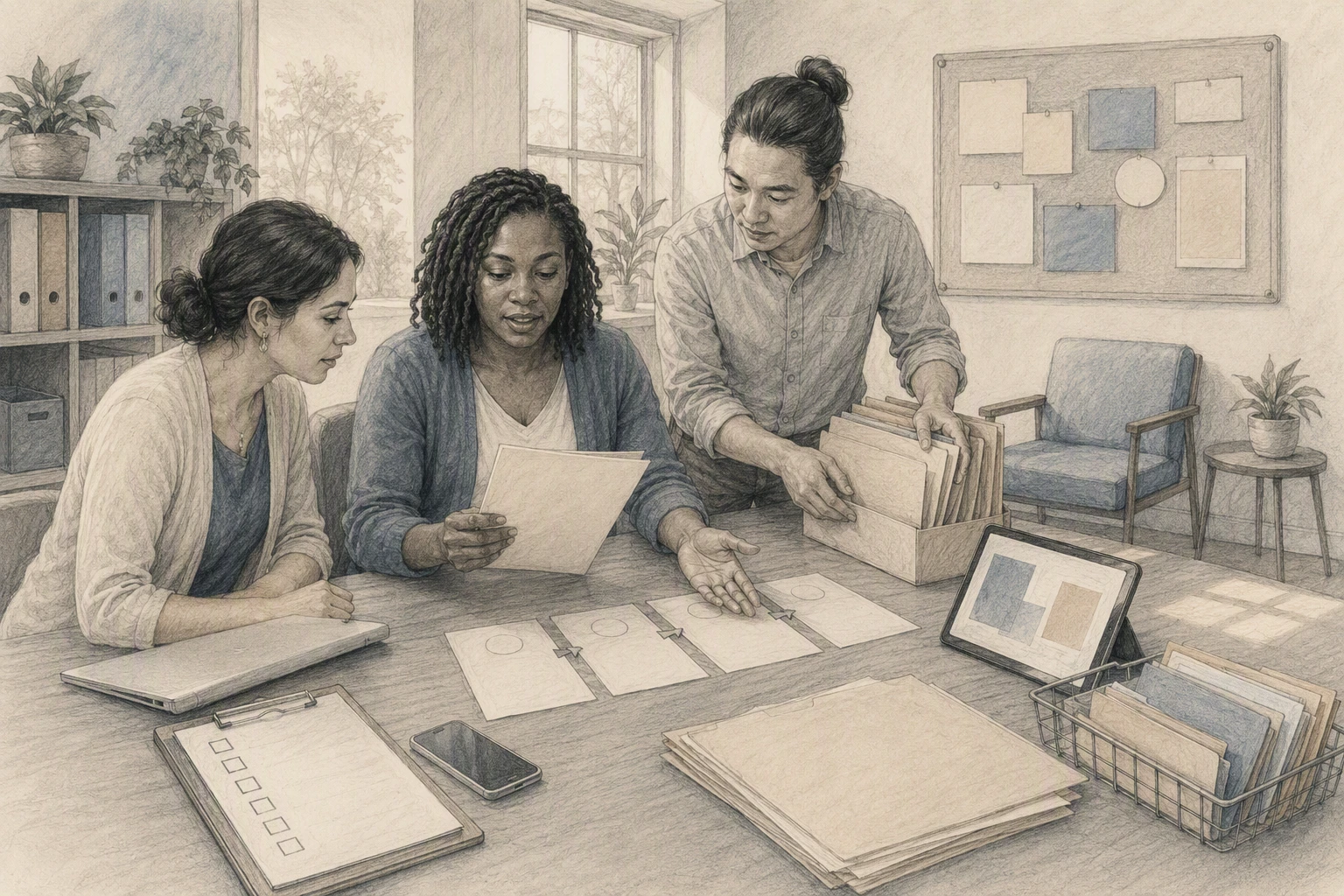 Case manager reviewing unified client workflow with nonprofit team