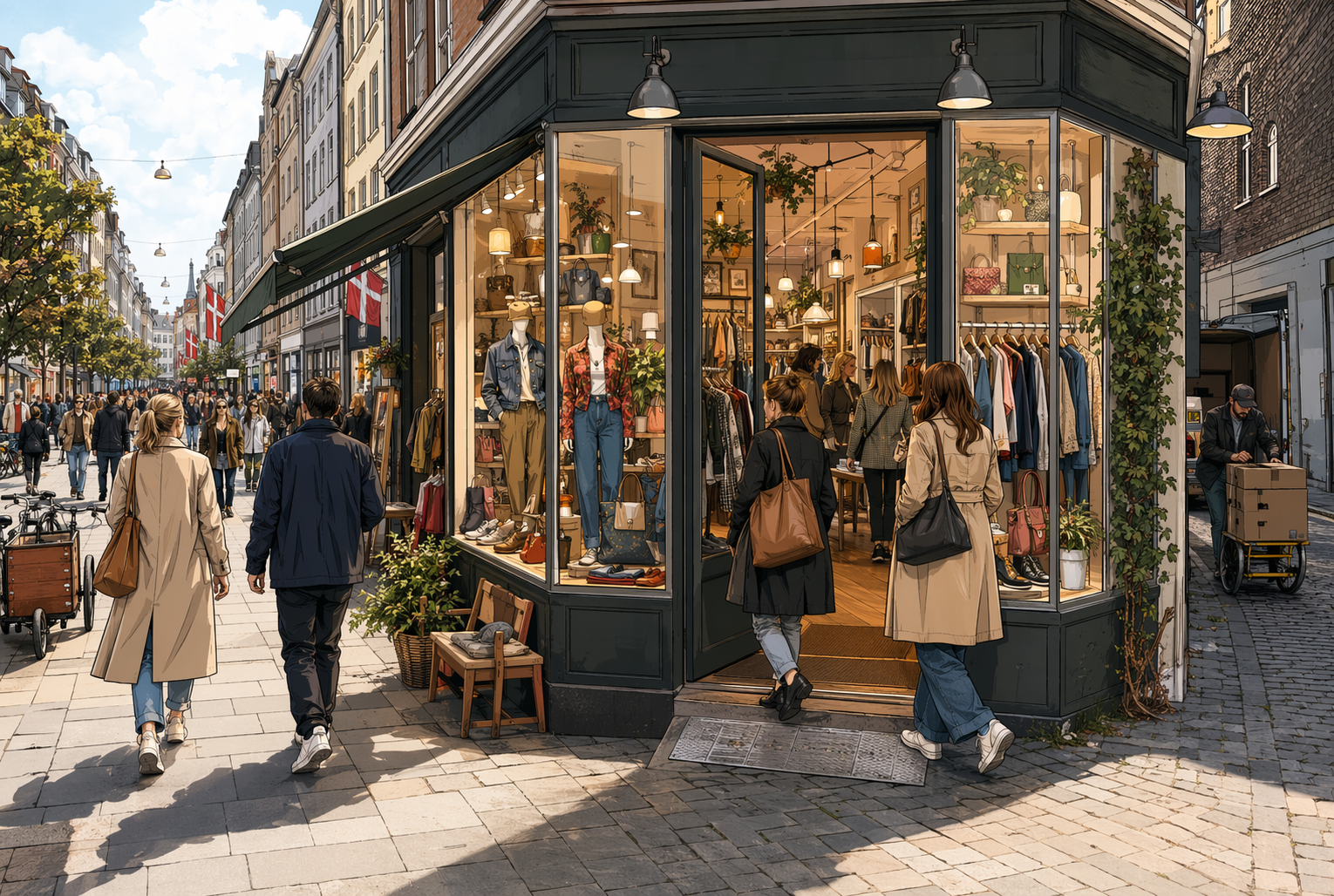 Secondhand butik med travl gade og vinduesudstilling