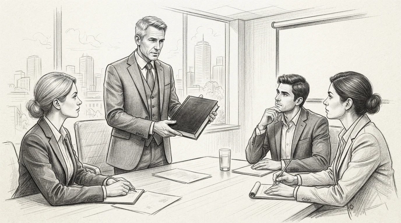 Executive presenting book in boardroom