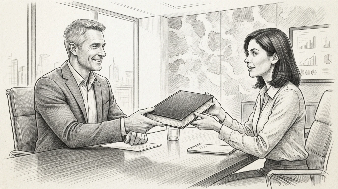 Entrepreneur hands book to business colleague