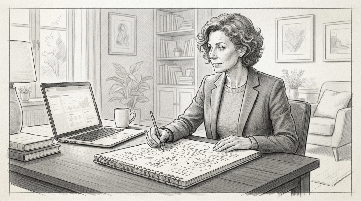 Consultant sketching book outline near laptop