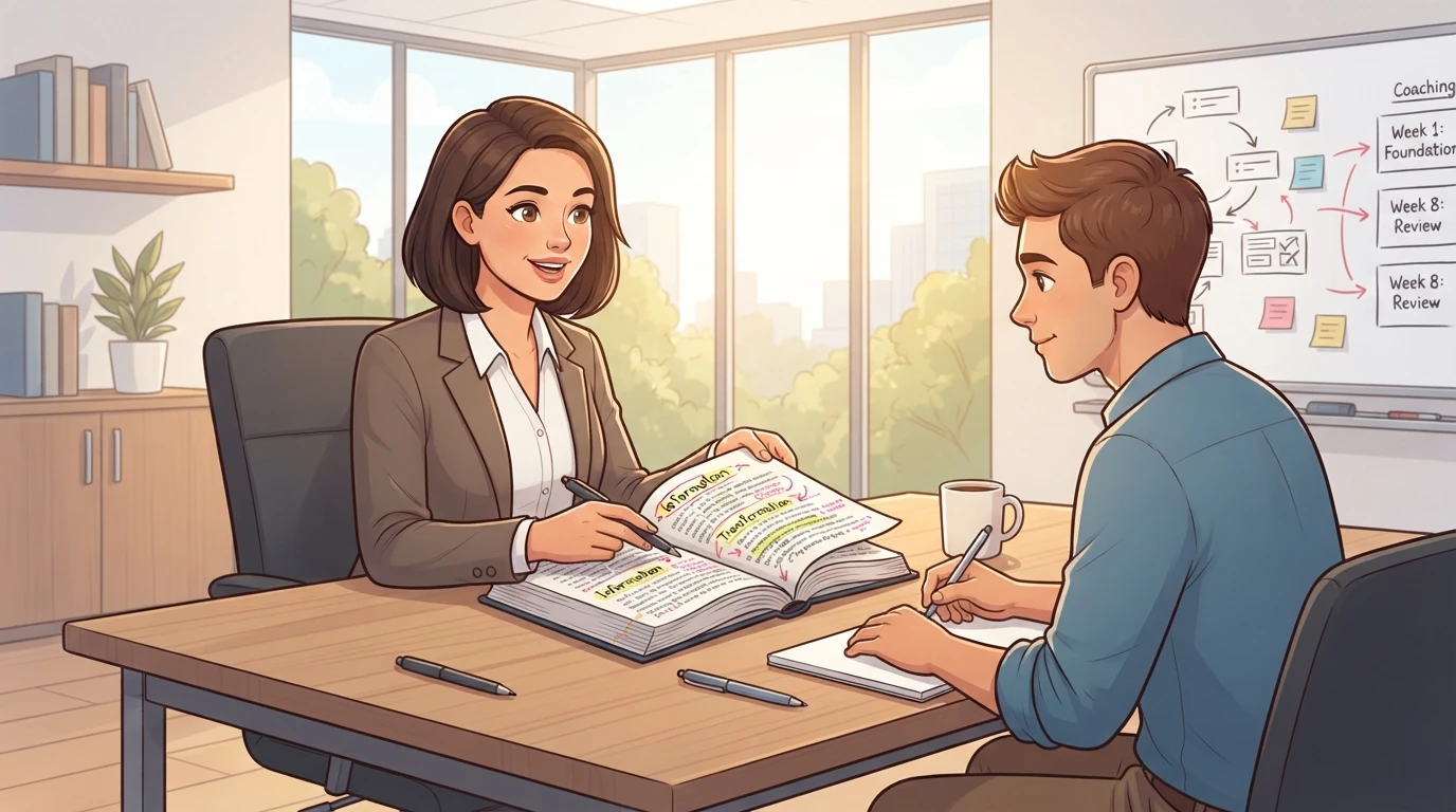 Coach reviewing manuscript with a client