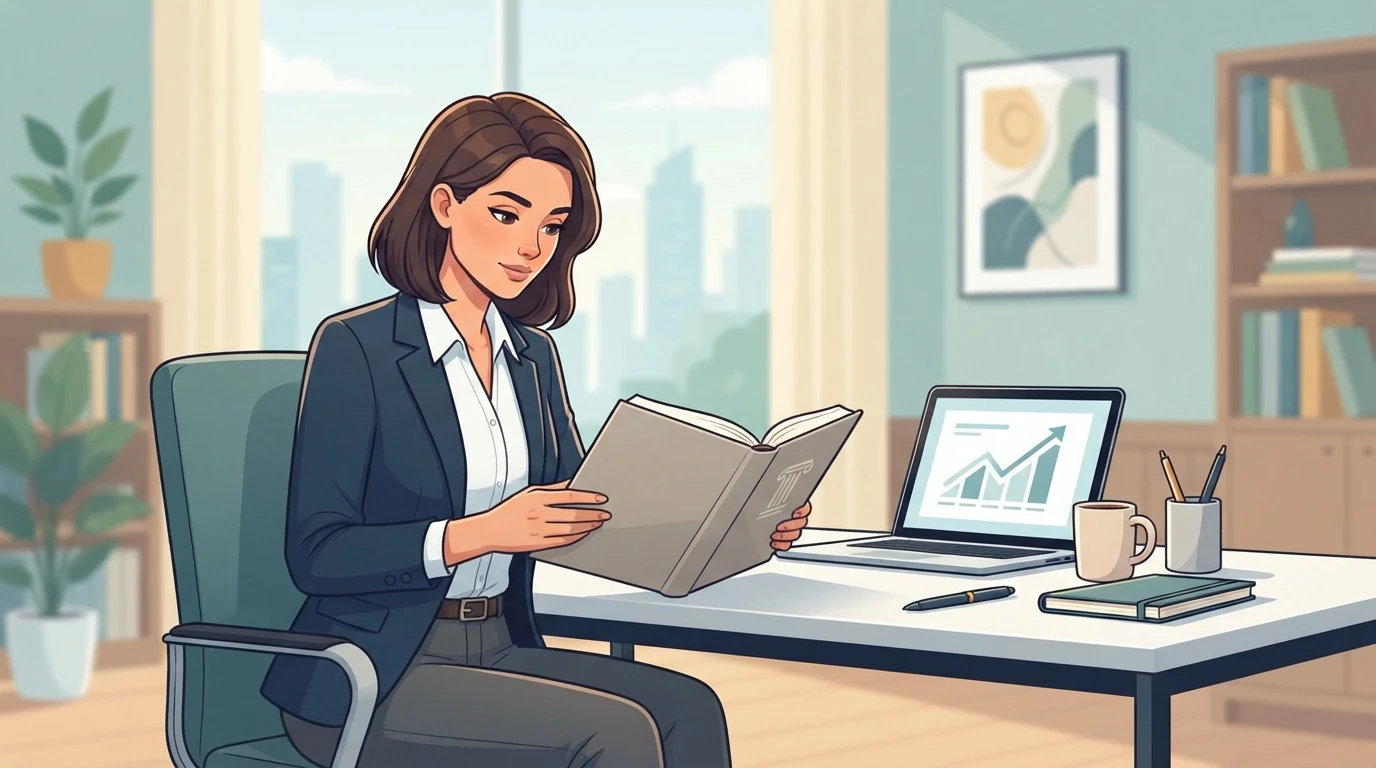 Business owner reviewing book at desk