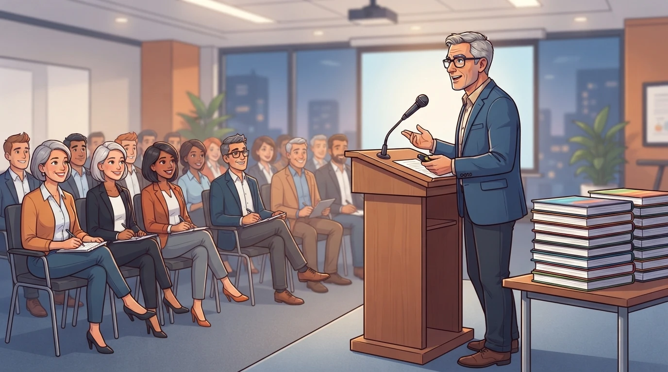 Speaker addressing audience beside book stack