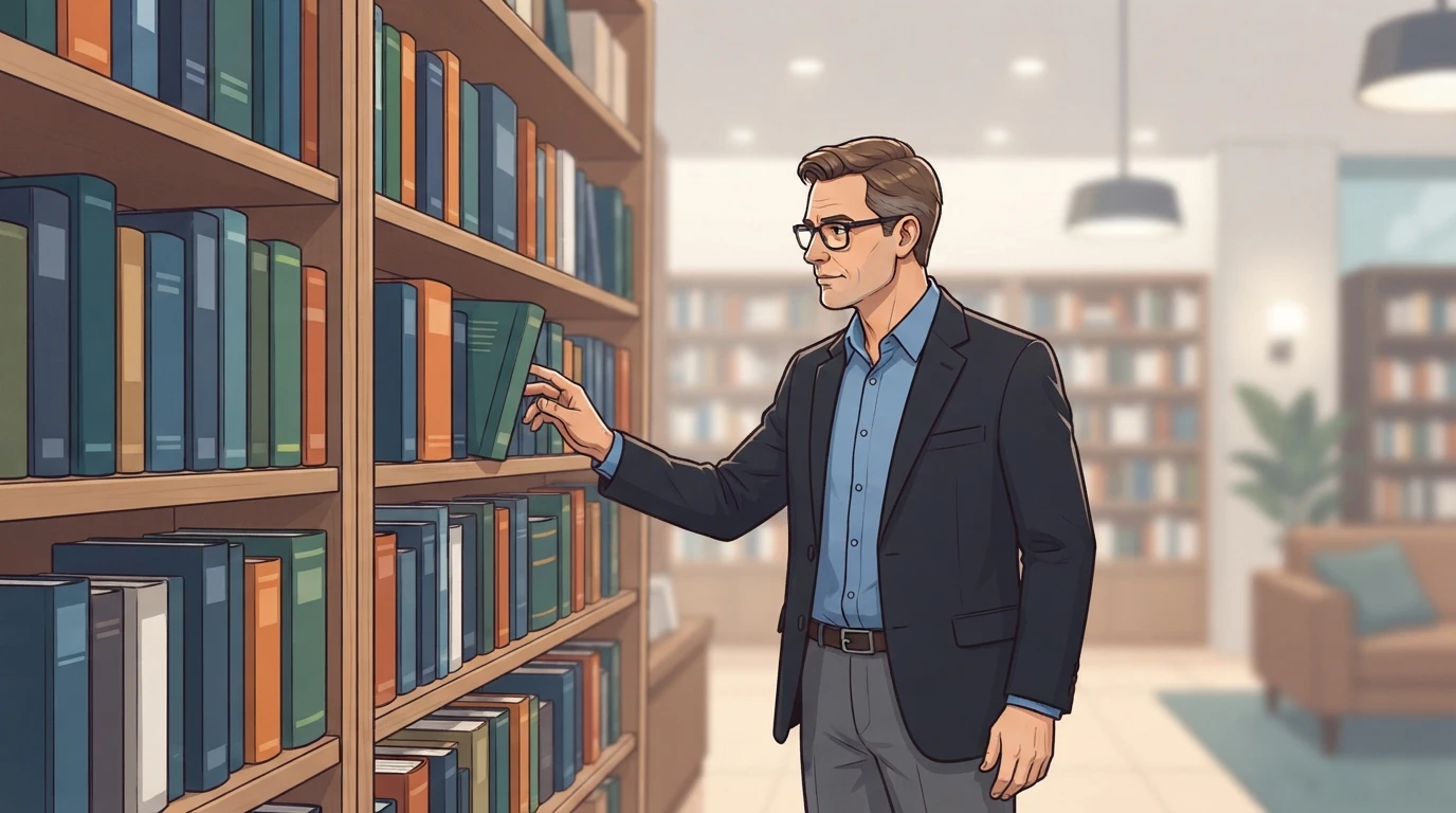 Executive scanning book spines for titles