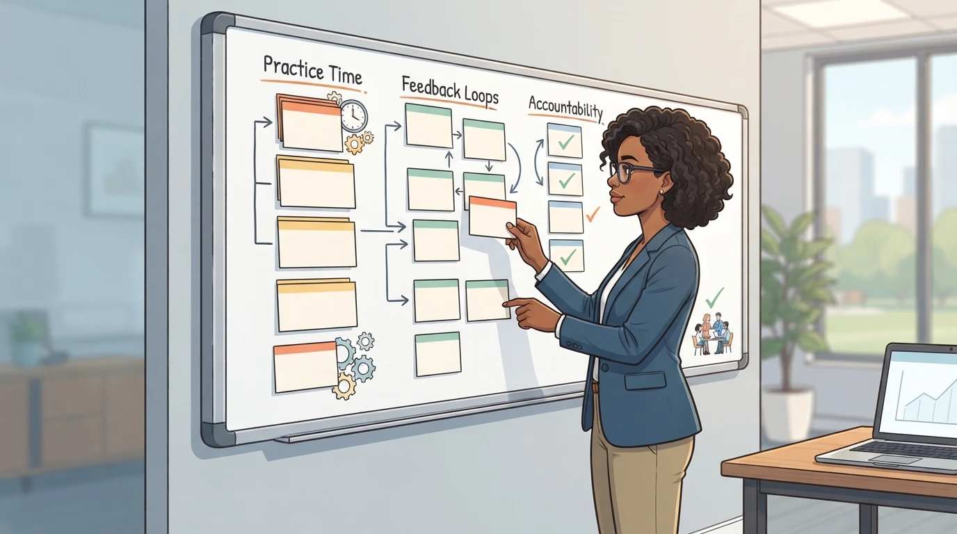 Consultant organizing curriculum cards on whiteboard