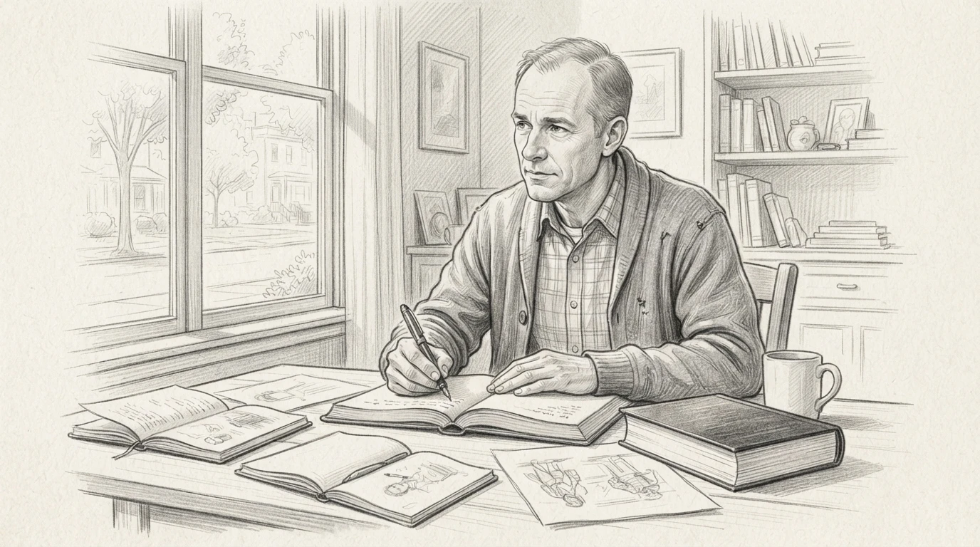 Veteran author writing at a desk