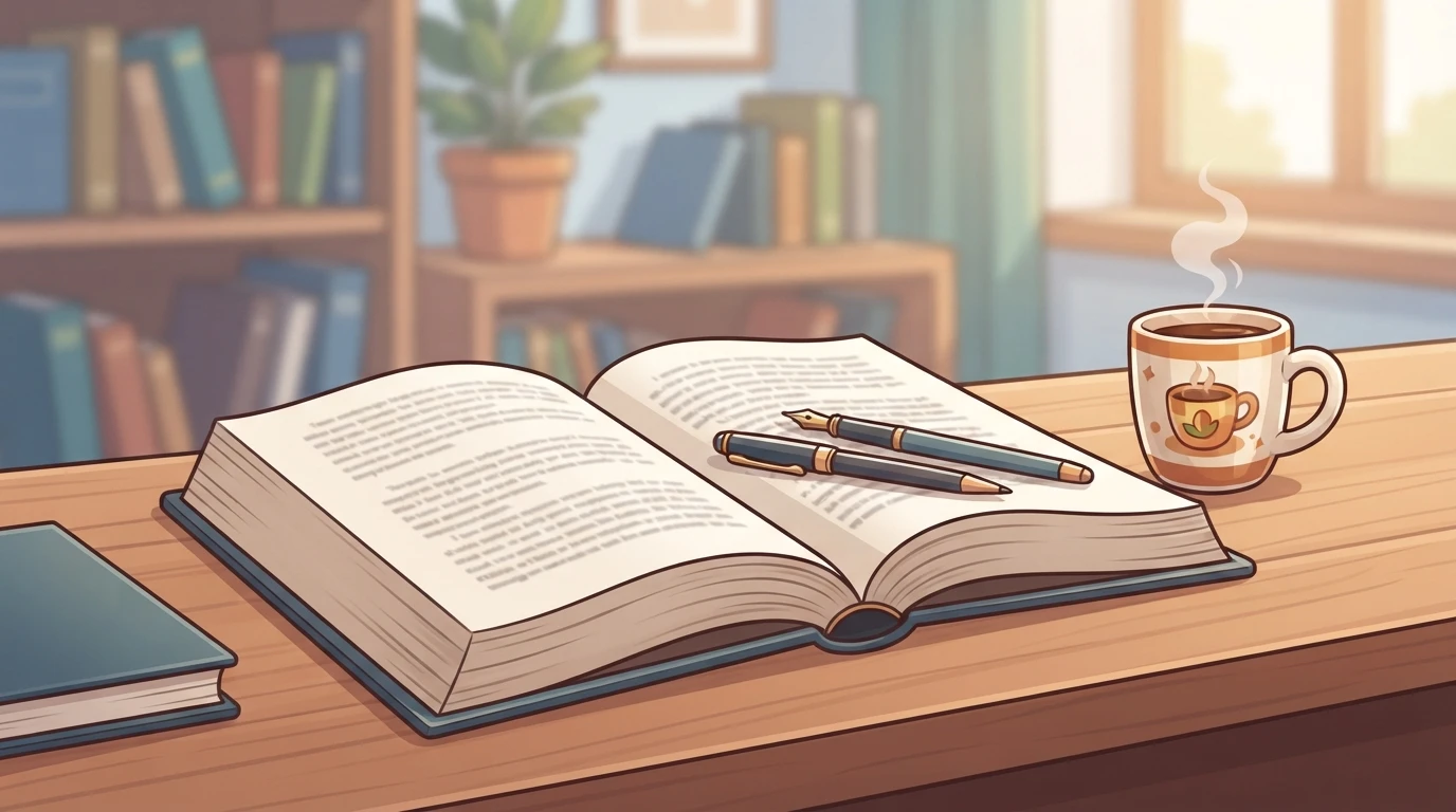 Open book and manuscript on desk