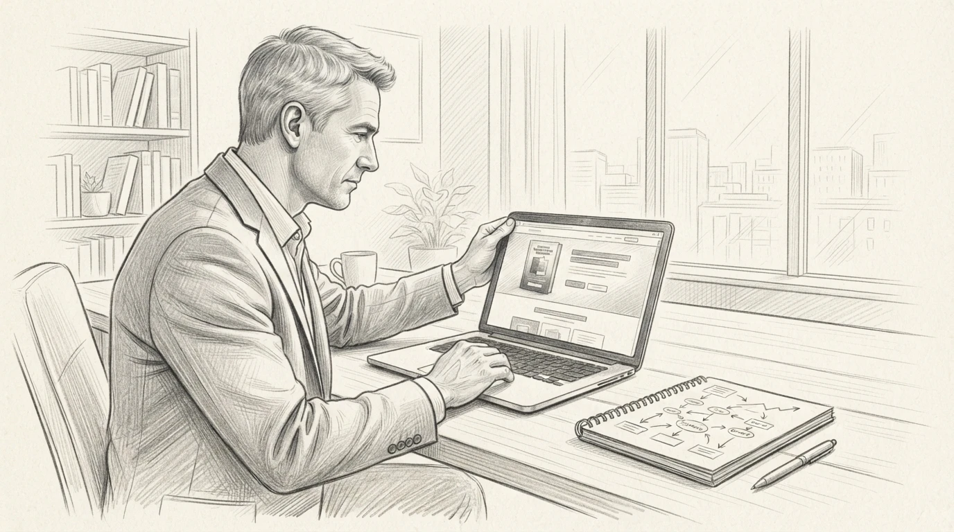 Coach reviewing a book landing page