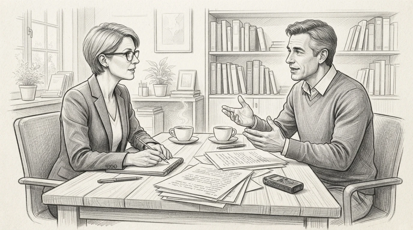 Writer interviewing author at desk