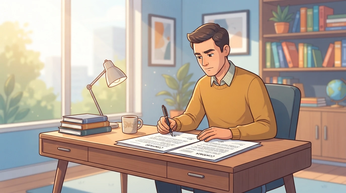 Author carefully reviewing a publishing contract