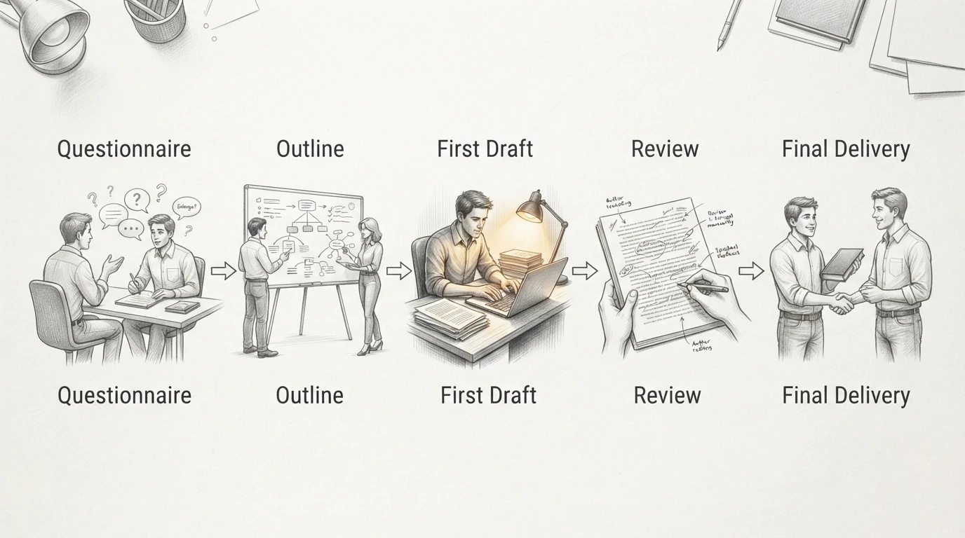 Pencil sketch of sequential publishing steps