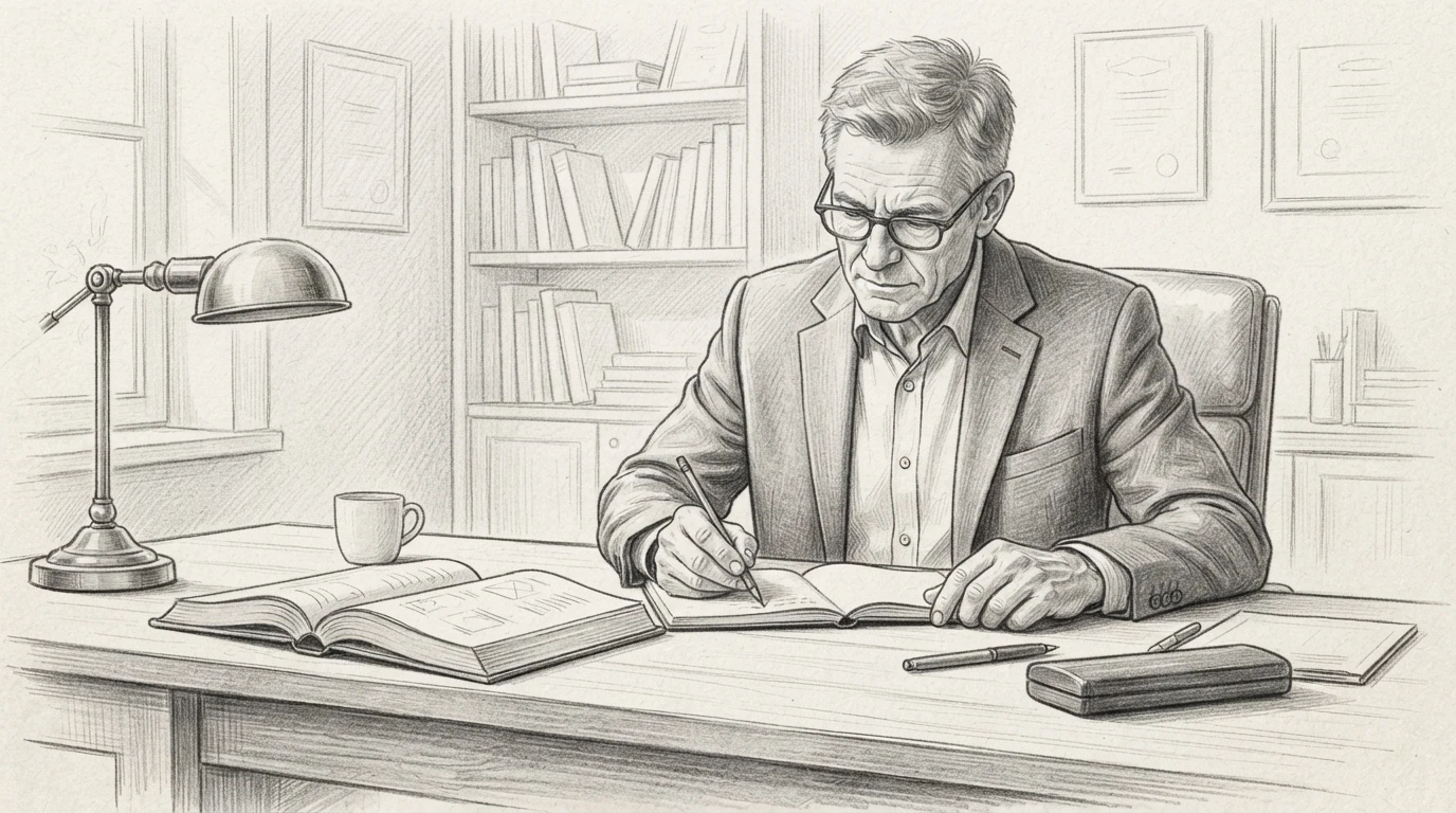 Entrepreneur writing notes beside open book