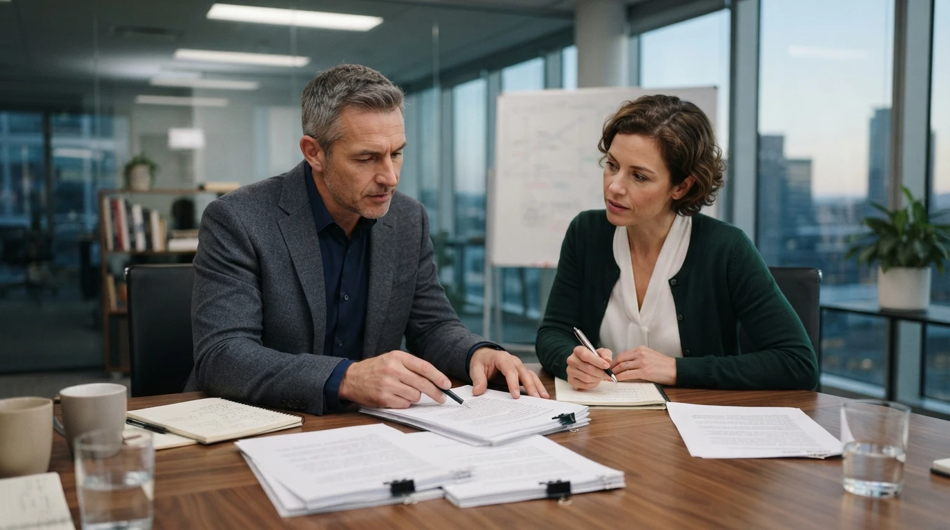Leader and writer reviewing manuscript drafts