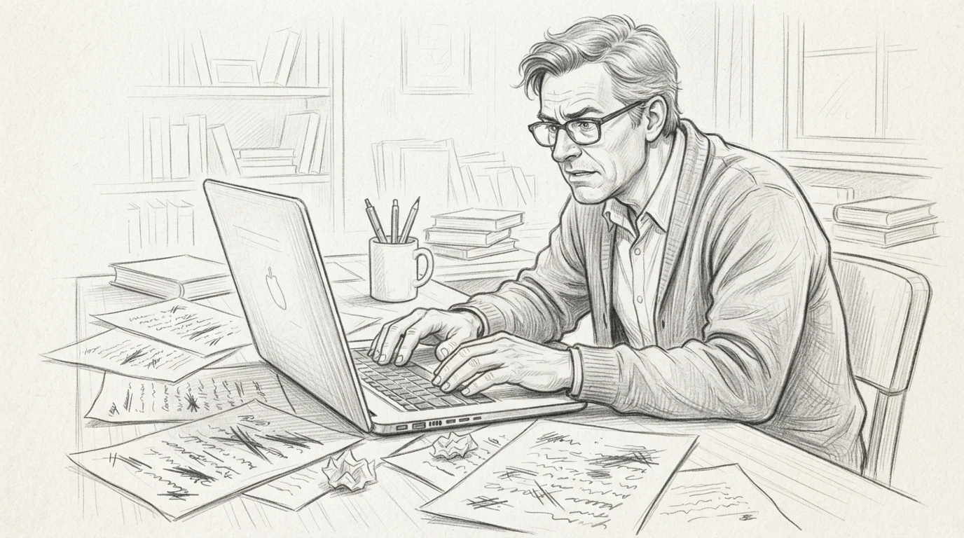 Writer typing with discarded draft pages