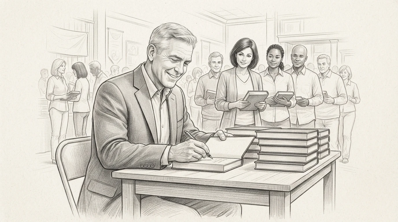 Retired officer signing books at table