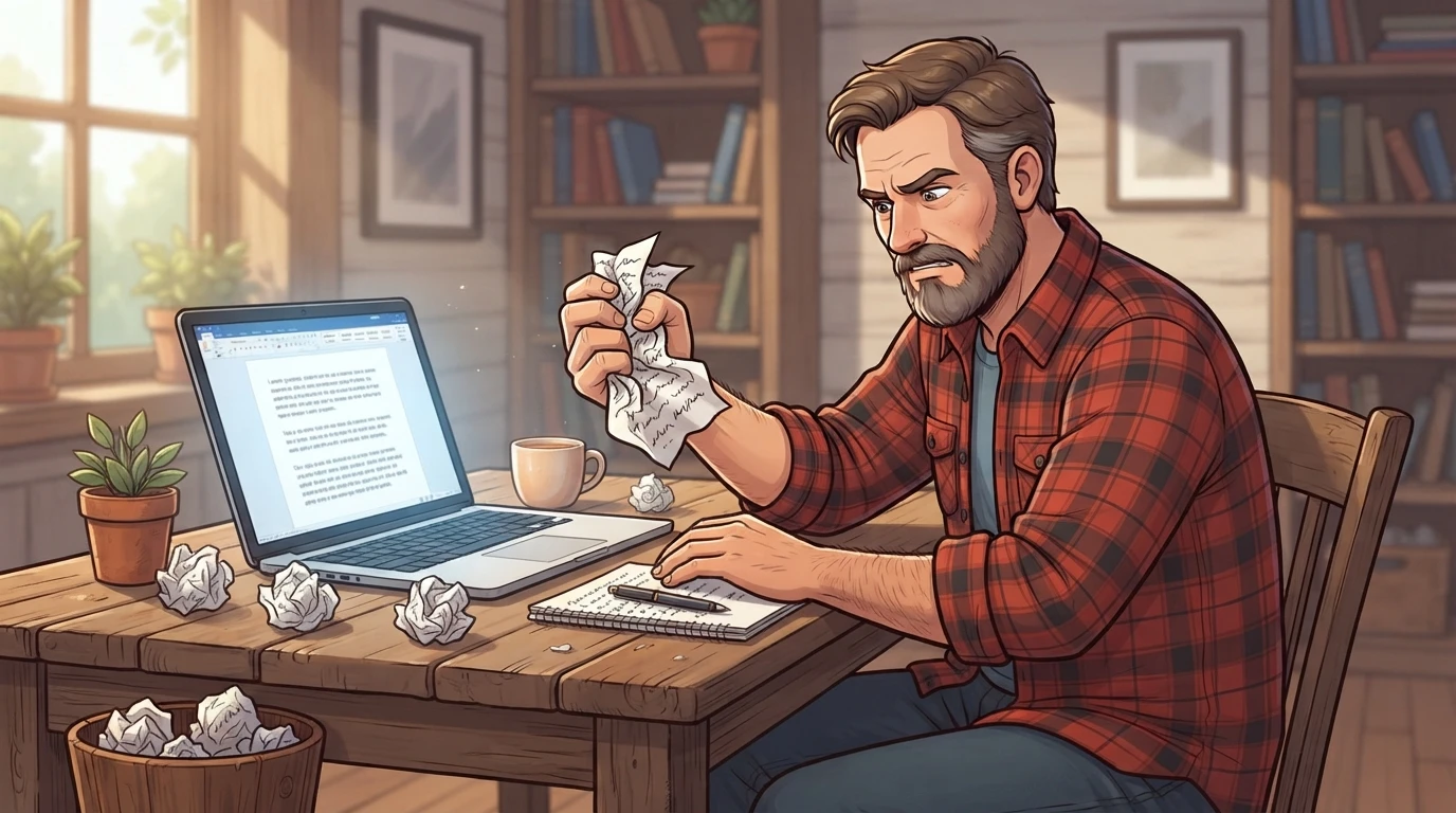 Author crumpling paper at wooden desk