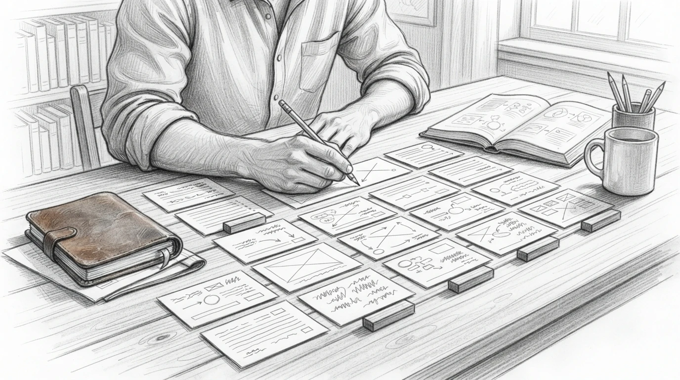 Writer arranging blank notecards on desk