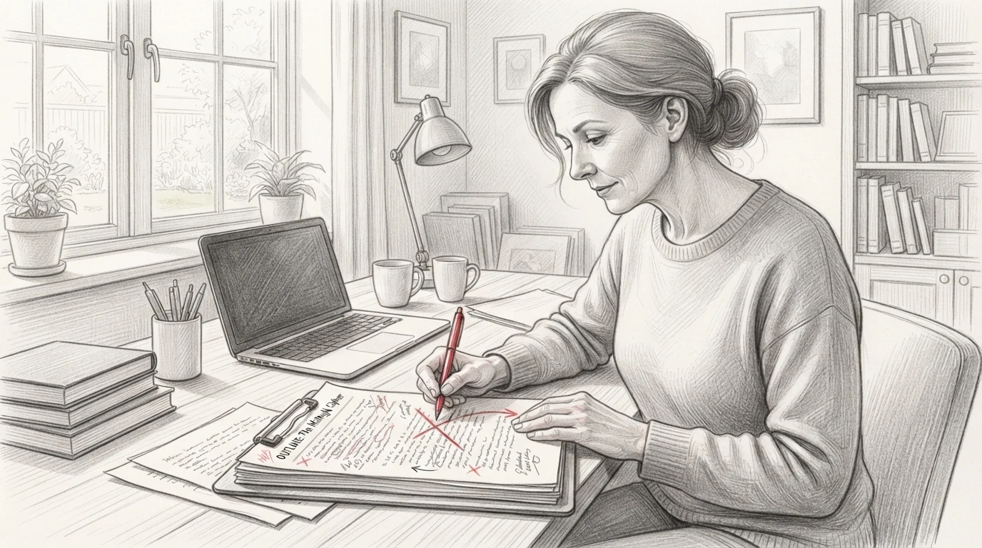 Author revising a printed book outline