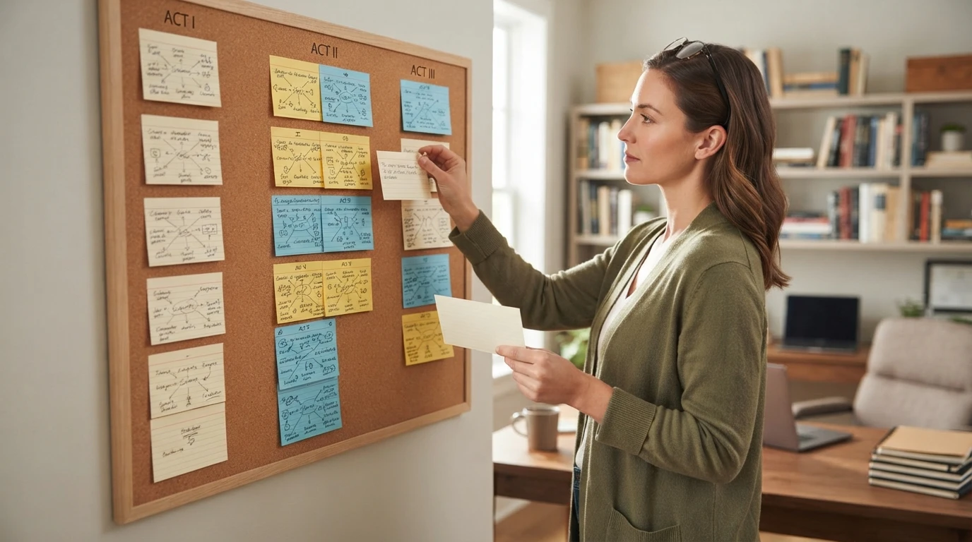 Writer arranging scene cards on corkboard