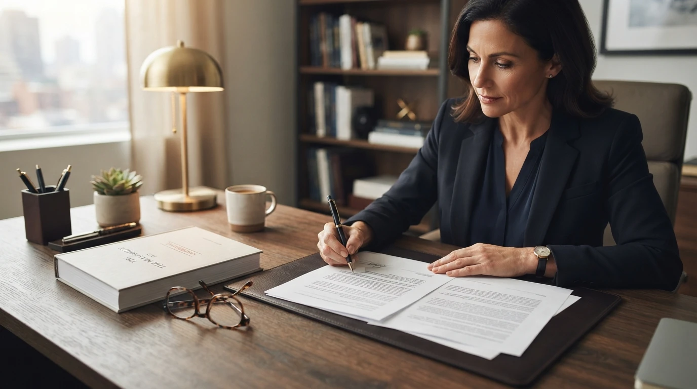 Author signing book contract at desk