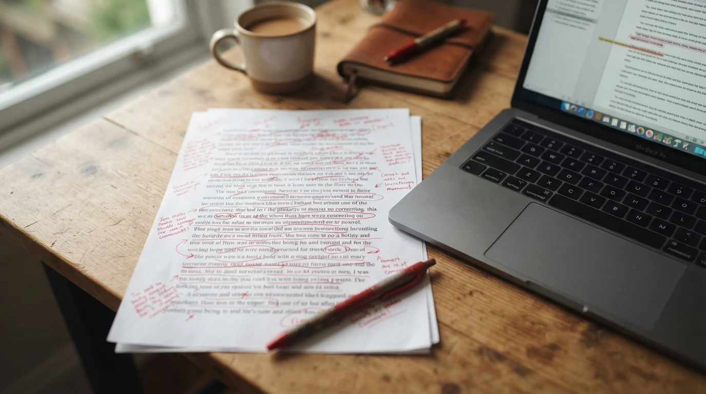 Red pen edits on manuscript pages